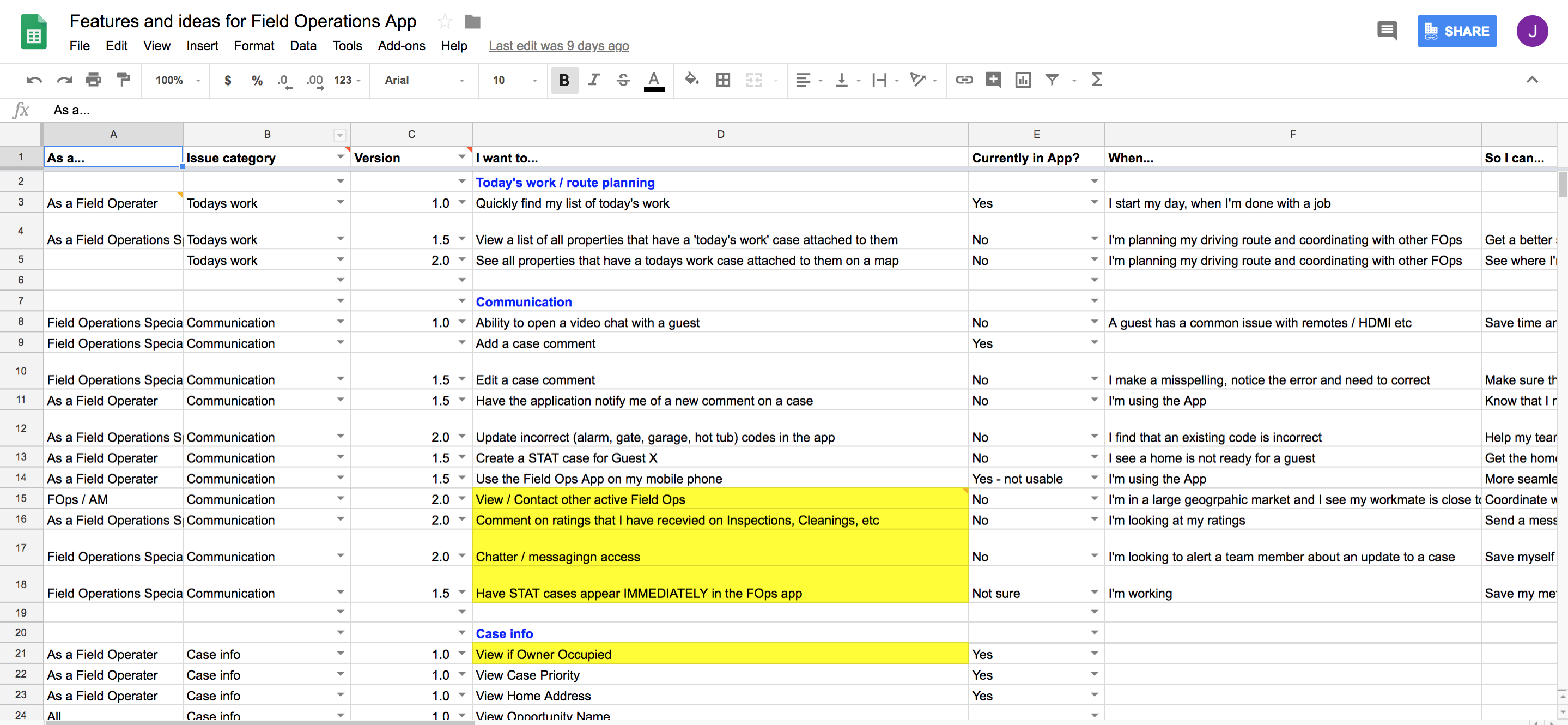 Research content and user stories for an app designed to increase the efficiency of our field operations team